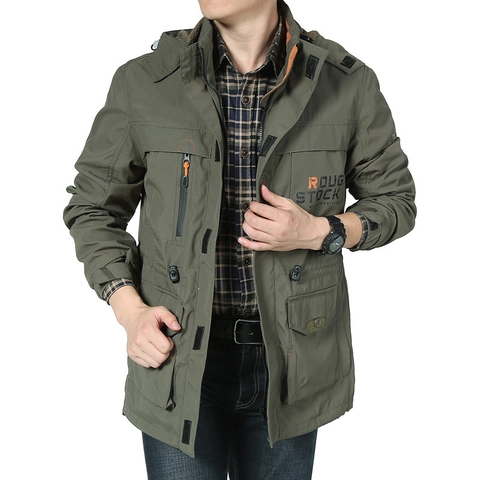Giacca Cargo Outdoor Impermeabile da Uomo con Cappuccio Antivento Cappotto Casual Multitasca Poliestere Traspirante Media Lunghezza