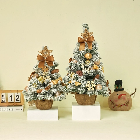 Mini Sapin De Noël De Table Décoration De Bureau À Flocage De Neige Base En Toile De Jute Ornement LED Pin Artificiel