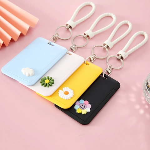 Cartoon Push-Pull Card Holder With Hand Strap Plastic ID Card Case Student Bus Card Cover Cute Avocado Bear Floral Card Protector Keychain For Women Girls