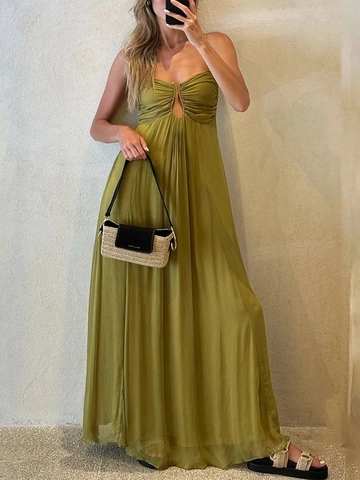 Women Sexy Spaghetti Strap Maxi Dress Pleated Polyester Keyhole Cutout High Waist Summer Vacation Beach Party Solid Color