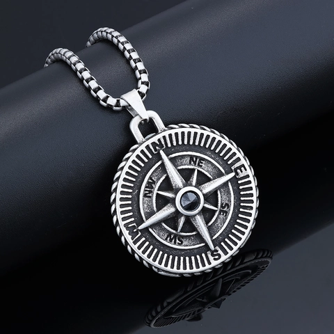 Collier Pendentif Boussole Vintage En Acier Inoxydable Bijoux Style Punk Viking Hip Hop Pour Hommes Avec Pierre Noire