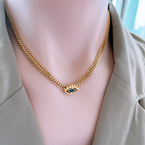 Collier Bracelet Mauvais Œil Plaqué Or Acier Inoxydable Chaîne Mailles Plates Tressées Bijoux Rétro Minimalistes Femmes