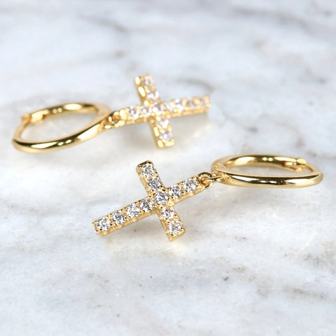 Kreuz Anhänger Hoop Ohrringe Kupfer Zirkon Besetzt Mit 925 Sterling Silber Ohrstecker Minimalistischer Modeschmuck Damen