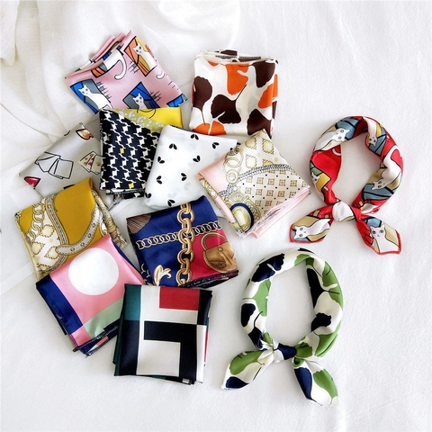 Women Satin Like Square Scarf Satin Printed Neck Scarf Hair Band Handbag Decoration Fashion Accessory