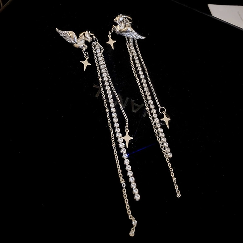 Pegasus Stern Lange Quasten Ohrclips Kupfer Rhinestone Elegante Hängeohrringe Für Damen Silver Earring Post