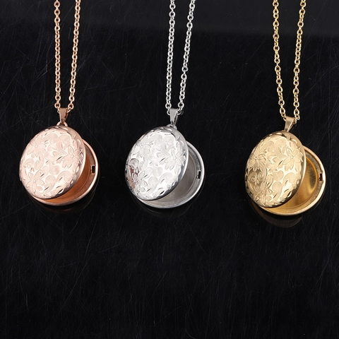 Round Locket Necklace 316L Stainless Steel Openable Photo Frame Pendant Vintage Floral Engraved Jewelry For Women Men