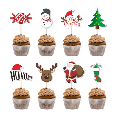 Christmas Cupcake Toppers Santa Snowman Reindeer Tree Paper Wood Cake Decoration Festive Holiday Party Supplies