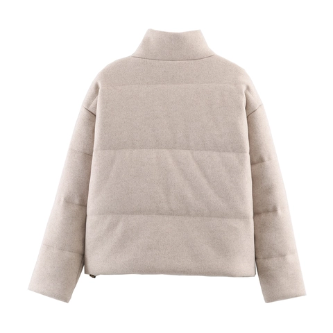Damen Kurzjacke Stehkragen Reißverschluss Warm Gebürstetes Polyester Wattierter Mantel Hafer Beige Lässig Elegant Winter