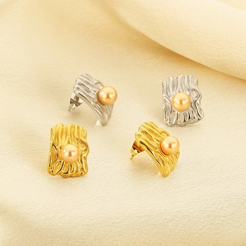 Stainless Steel Stud Earrings Irregular Wrinkled Texture Square Inlaid Shell Artificial Pearl Fashion Elegant For Women