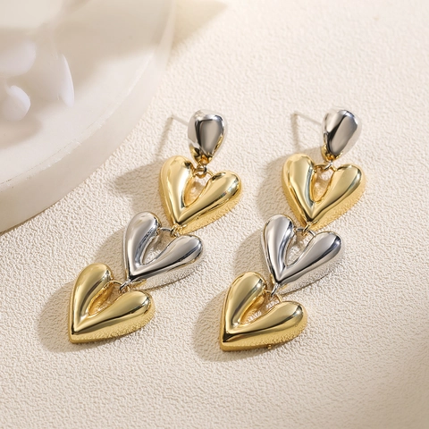 Stacked Heart Dangle Earrings Bi-Color Copper Gold Plated Long Geometric Unique Minimalist Fashion Accessory Women