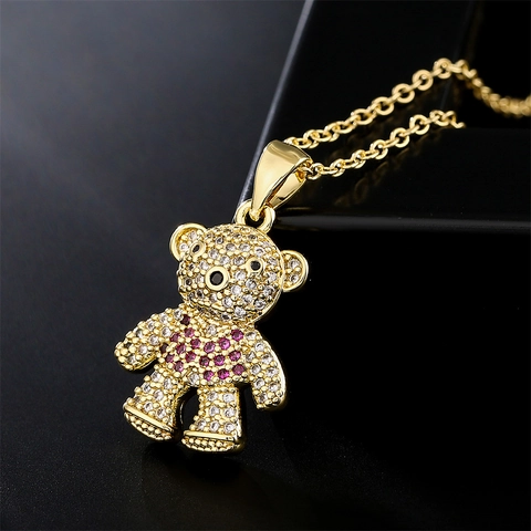 Teddy Bear Pendant Necklace Gold Plated Copper Micro Inlaid Colorful Zircon Cute Animal Style For Women Girls