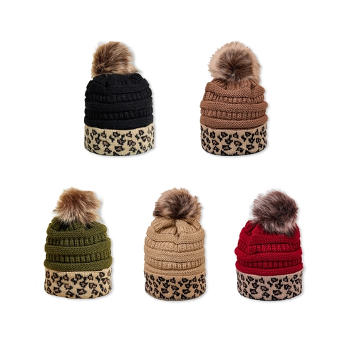Berretto Beanie Acrilico Caldo Inverno Stampa Leopardata Pom Pon Maglia A Costine Moda Versatile Per Donne Uomini