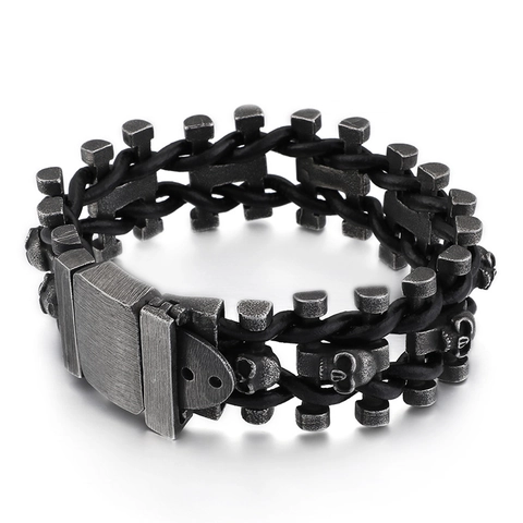 Men Skull Bracelet 316L Stainless Steel And Braided Leather Punk Gothic Retro Heavy Biker Style Jewelry
