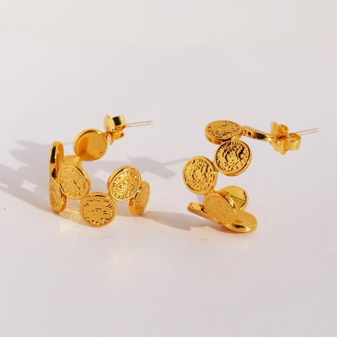 Vintage Gold Brass C-Shaped Hoop Earrings With 925 Sterling Silver Earring Post Portrait Relief Coin Earrings For Women Jewelry