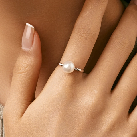 Anillo de Plata de Ley S925 Minimalista Con Perla Artificial Blanca Redonda Para Mujer Elegante Anello de Banda Cuadrada Geométrica