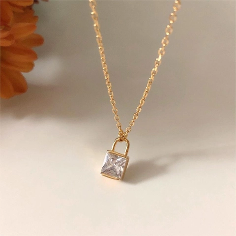 Padlock Pendant Necklace 925 Sterling Silver With Square Zircon Minimalist Geometric Jewelry For Women