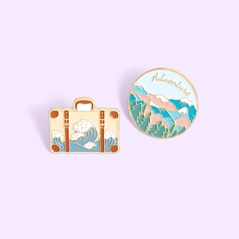 Retro Suitcase Sea Wave Round Mountain Forest Enamel Pin Adventure Alloy Brooch Badge For Travel Outdoor Backpack Decor