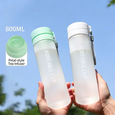 Portable Water Bottle Frosted Plastic Leakproof Sports Cup With Tea Infuser And Carrying Strap Outdoor Drinkware