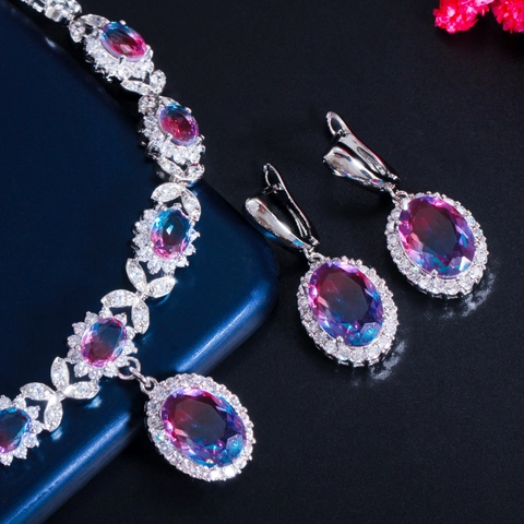 Luxus Brautschmuck Kupfer AAA Zirkon Farbverlauf Edelstein Halskette Und Ohrringe Für Hochzeit Abendparty Damen