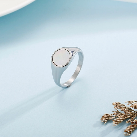 Anillo De Sello Redondo Acero Inoxidable 316L Con Madreperla Blanca Minimalista Geométrico Pulido Joyería Retro Para Mujer