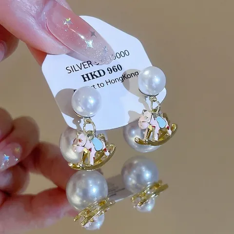 Orecchini A Cavallo A Dondolo Con Perla Artificial Imitazione Smalto Lega Gioielli Eleganti Donna Con Perno In Argento
