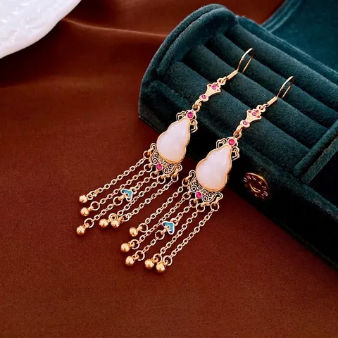 New Chinese Style Gourd Tassel Dangle Earrings Gold Plated Copper With Rhinestone Enamel Imitation Jade Vintage Jewelry