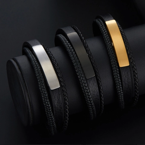Men Personalized Woven Leather Bracelet Stainless Steel Multi-Layer Braid Bangle Punk Fashion Jewelry Gift For Boyfriend Man