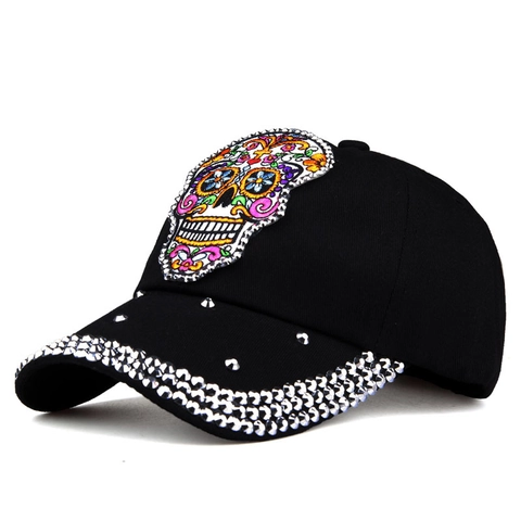 Sugar Skull Embroidery Baseball Cap Denim Cotton Rhinestone Hip Hop Punk Streetwear Adjustable Sun Hat Unisex
