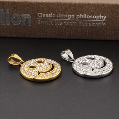 Collar Con Colgante De Cara Sonriente Acero Inoxidable Iced Out Diamantes De Imitación Medallón Redondo Joyería Hiphop