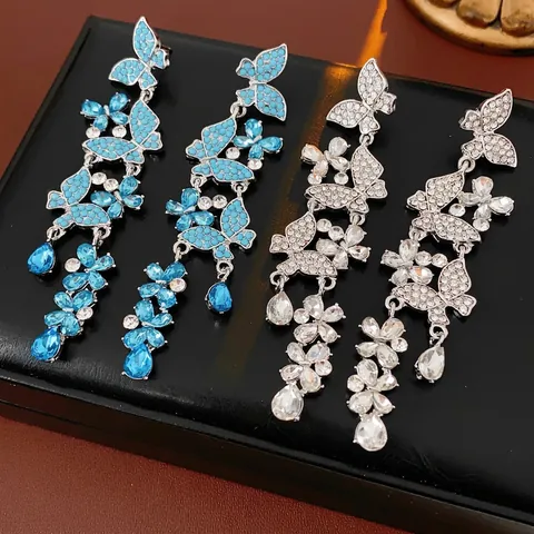 Schmetterling Quasten Ohrhänger Legierung Zirkon Strass Mit Silberem Ohrstecker Lang Funkelnd Elegant Damen Schmuck