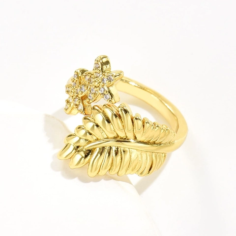 Leaf Flower Adjustable Open Ring Copper 18K Gold Plated Micro Cubic Zirconia Geometric Fashion Jewelry For Women