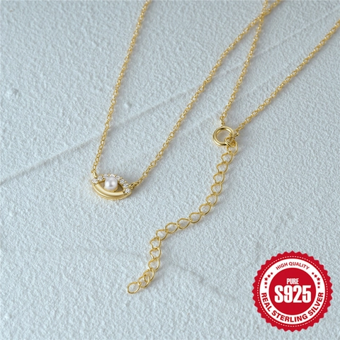 Collar de Ojo del Diablo de Plata de Ley 925 para Mujer Bañado en Oro con Colgante de Perla Artificial y Circonia Joyería