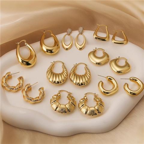 Retro Geometric Copper Earrings Irregular Heart Oval Shape Hollow Polished Minimalist Style Elegant For Women