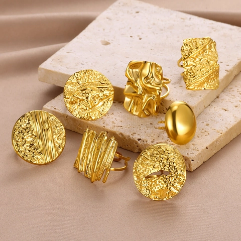 Irregular Geometric Ring Stainless Steel Gold Plated Hammered Texture Adjustable Open Band Fashion Jewelry For Women