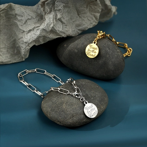 14K Gold Plated Brass Paperclip Chain Bracelet With Engraved Trust In The Lord Coin Pendant Zirconia Inlaid Women Jewelry
