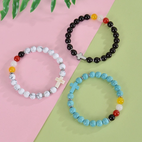 Bracciale Di Perline In Pietra Naturale Ossidiana Turchese Cristallo Ciondolo A Croce Elastico Gioielli Moda