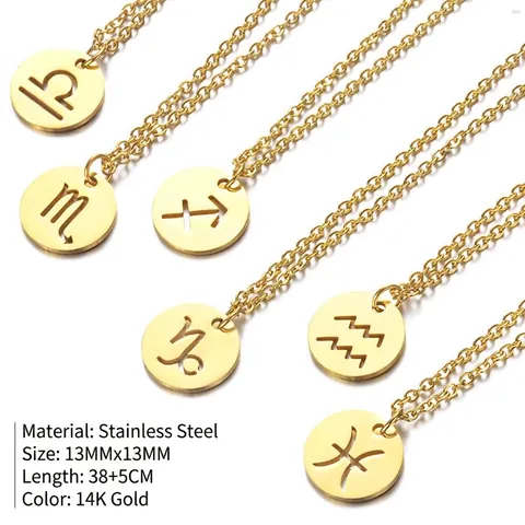 Stainless Steel Zodiac Anhänger Halskette Hohl Runde Scheibe Sternzeichen 14K Vergoldet Minimalistischer Schmuck Damen