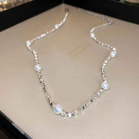 Triangle Silver Plated Copper Beads White Artificial Pearl Choker Necklace Geometric Hematite Elegant Clavicle Chain For Women