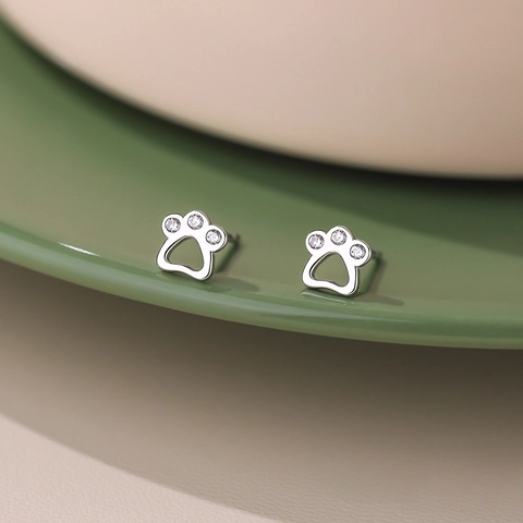 Boucles d'Oreilles Clous Patte de Chat Mignonne en Argent Sterling S999 pour Femmes Petites Boucles d'Oreilles Empreinte de Patte Zirconia Bijoux de Mode