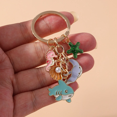 Ocean Theme Enamel Metal Keychain Seahorse Whale Shark Starfish Shell With Artificial Pearl Charms Bag Hanging Ornament