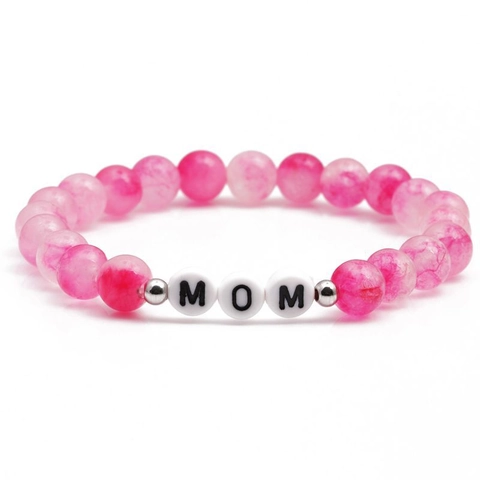 Bracciale Di Perline In Pietra Naturale Rosa Con Perline Lettere MOM Bianche E Distanziatori In Metallo Argentato Regalo Festa Della Mamma