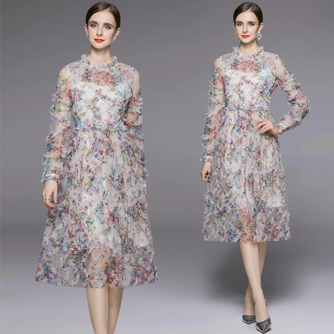 Vestito Midi Elegante In Mesh A Fiori Maniche Lunghe Collo Alto Volant Chiffon Per Festa