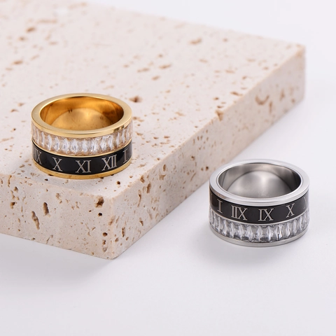 Anillo De Banda Números Romanos Acero Inoxidable 304 Circonia Baguette Esmalte Negro Punk Hip Hop Moda Unisex