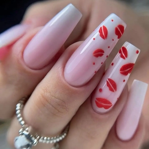 Long Coffin Press On Nails Nude Pink Gradient Red Lip Kiss Pattern French Style Glossy Artificial Fake Nails For Women