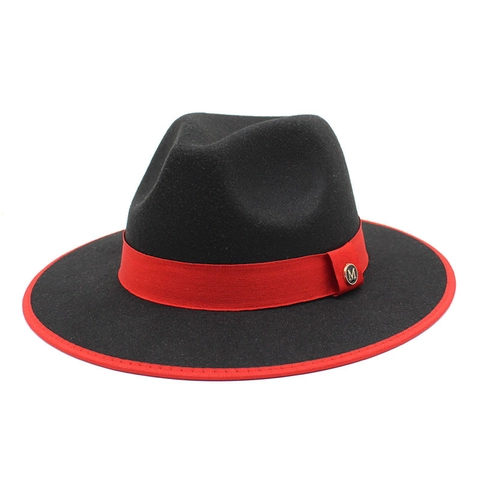 Vintage Wool Felt Fedora Hat Wide Brim British Style Grosgrain Ribbon Band Gold Metal M Buckle Elegant Jazz Cap
