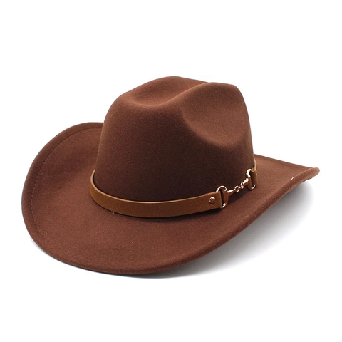 Chapeau De Cow-boy Western En Feutre Fedora Large Bord Bande Similicuir Boucle Métallique Style Rétro Ethnique