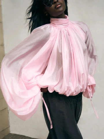 Elegante Blusa In Tencel Rosa Con Collo Alto Maniche A Lanterna Pieghettato Lucido Top Di Moda Donna