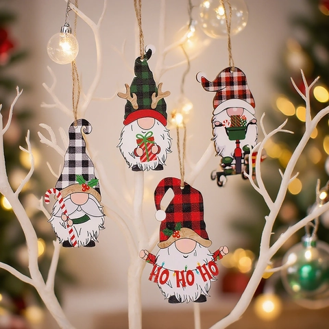 Ornamenti Di Gnomi Di Natale In Legno Plaid Cartoon Gonk Ciondolo Appeso Decorazione Albero Festivo