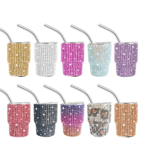 Mini Rhinestone Tumbler Stainless Steel Vacuum Insulated Shot Glass With Straw And Lid Portable Bling Sparkling Cup