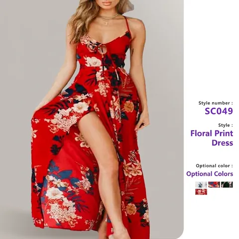Women Floral Print Maxi Dress V-Neck Backless Tie-Up High Slit Bohemian Cami Dress Polyester Elegant Long Beach Dress